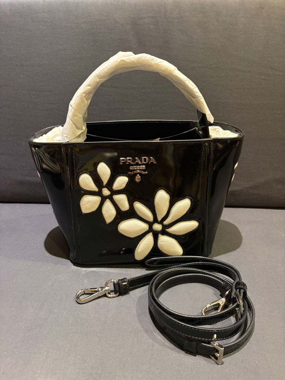 Prada Black Patent Mini Tote with White Floral Appliqués